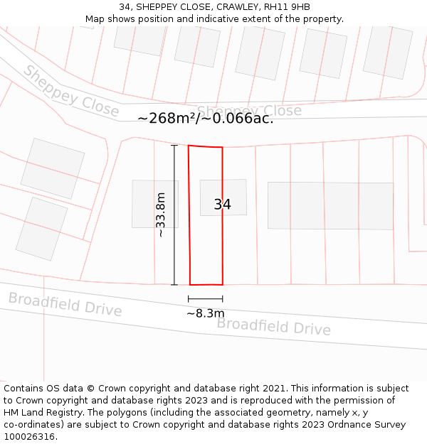 34, SHEPPEY CLOSE, CRAWLEY, RH11 9HB: Plot and title map