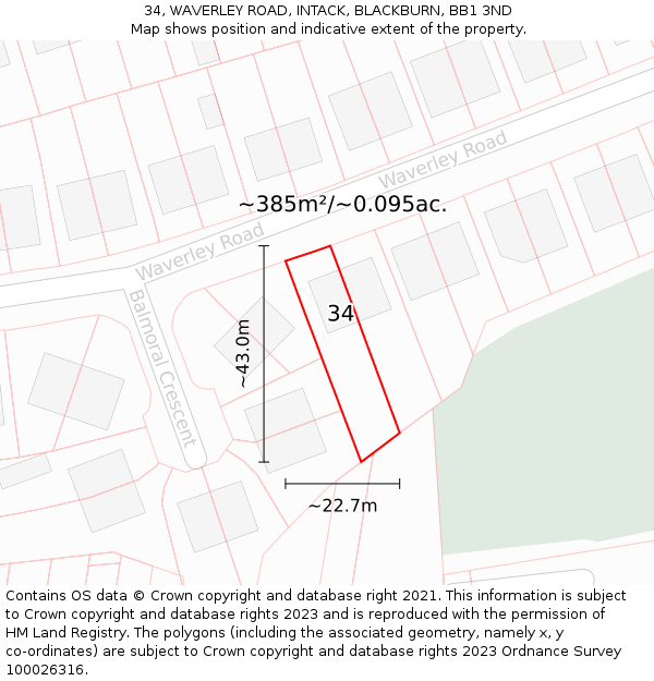 34, WAVERLEY ROAD, INTACK, BLACKBURN, BB1 3ND: Plot and title map