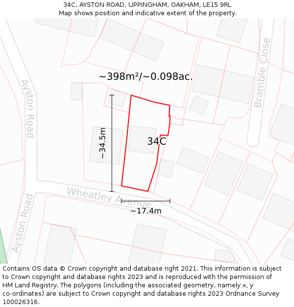 34C, AYSTON ROAD, UPPINGHAM, OAKHAM, LE15 9RL: Plot and title map