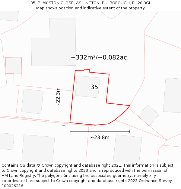 35, BLAKISTON CLOSE, ASHINGTON, PULBOROUGH, RH20 3GL: Plot and title map