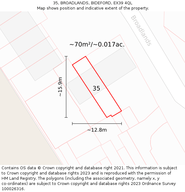 35, BROADLANDS, BIDEFORD, EX39 4QL: Plot and title map