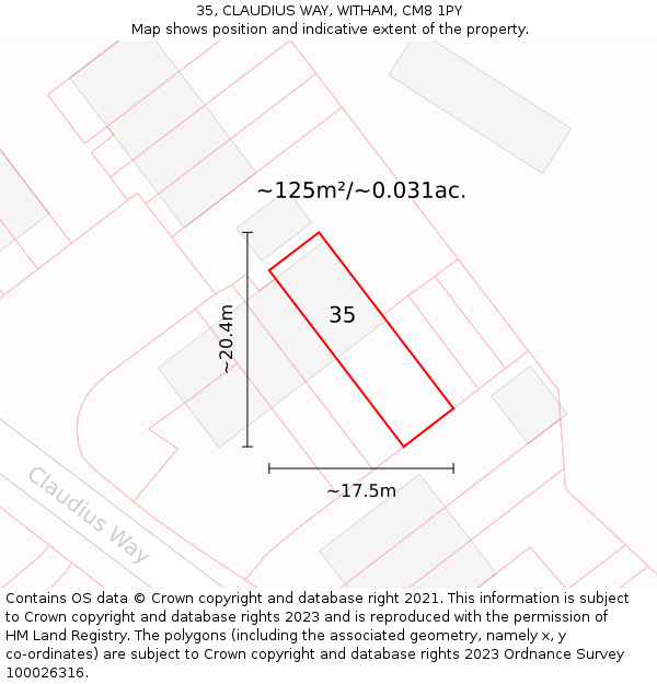 35, CLAUDIUS WAY, WITHAM, CM8 1PY: Plot and title map