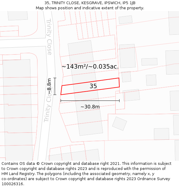 35, TRINITY CLOSE, KESGRAVE, IPSWICH, IP5 1JB: Plot and title map