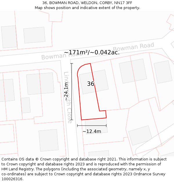 36, BOWMAN ROAD, WELDON, CORBY, NN17 3FF: Plot and title map