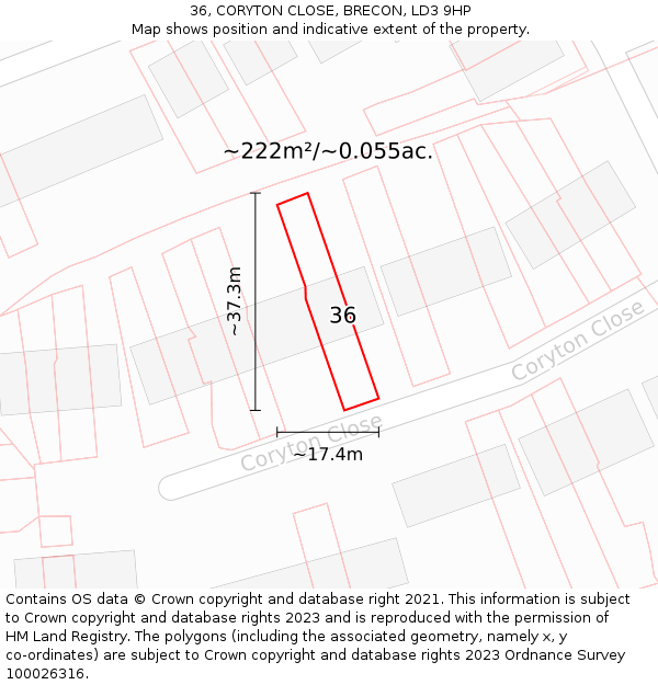 36, CORYTON CLOSE, BRECON, LD3 9HP: Plot and title map