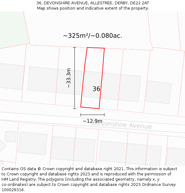 36, DEVONSHIRE AVENUE, ALLESTREE, DERBY, DE22 2AT: Plot and title map