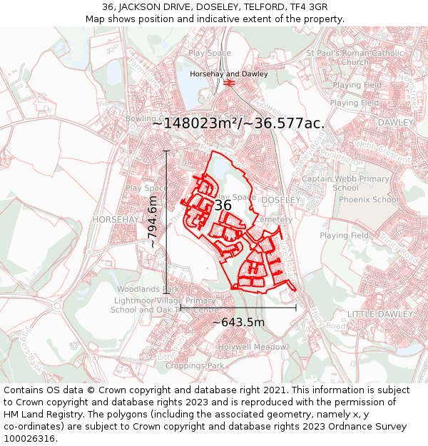 36, JACKSON DRIVE, DOSELEY, TELFORD, TF4 3GR: Plot and title map