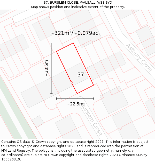 37, BURSLEM CLOSE, WALSALL, WS3 3YD: Plot and title map