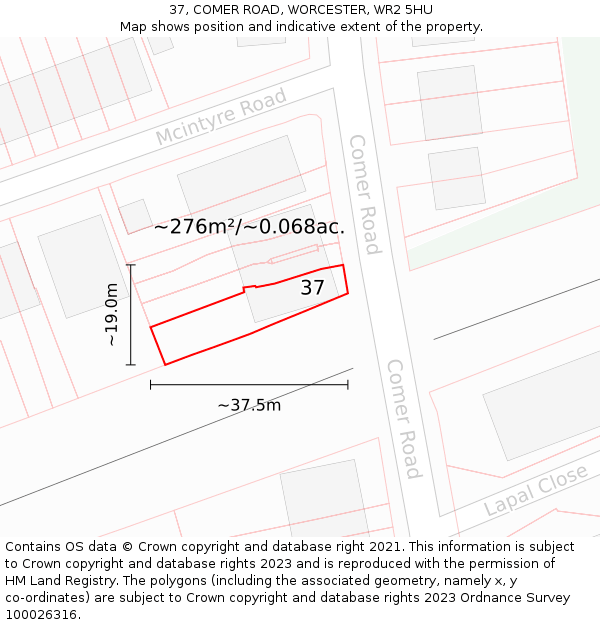 37, COMER ROAD, WORCESTER, WR2 5HU: Plot and title map