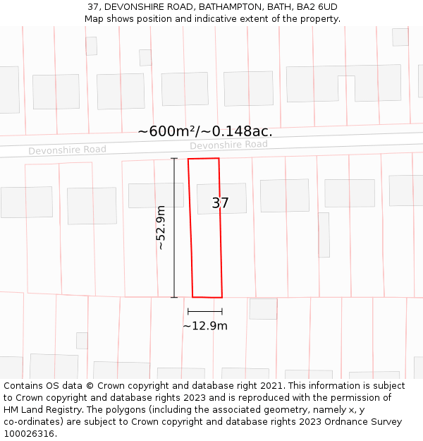 37, DEVONSHIRE ROAD, BATHAMPTON, BATH, BA2 6UD: Plot and title map