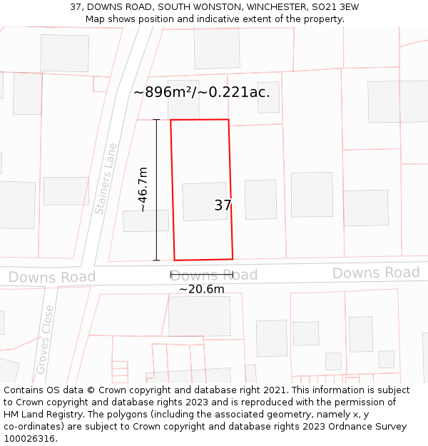37, DOWNS ROAD, SOUTH WONSTON, WINCHESTER, SO21 3EW: Plot and title map