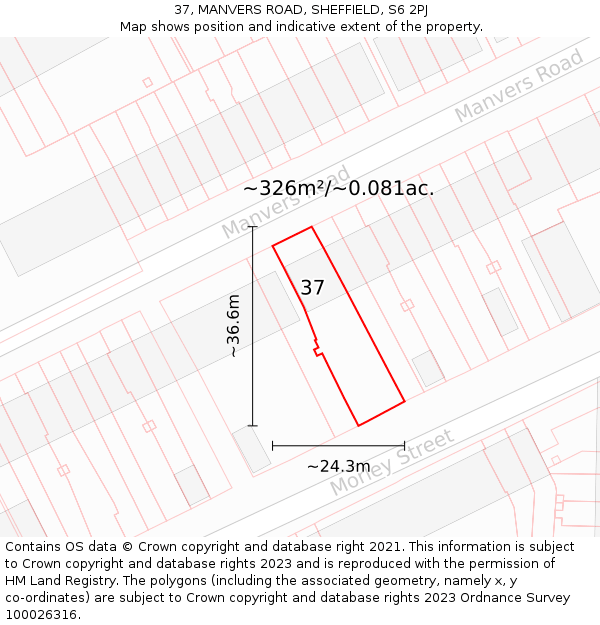 37, MANVERS ROAD, SHEFFIELD, S6 2PJ: Plot and title map