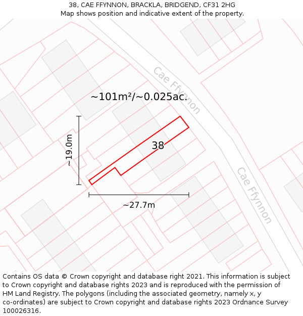 38, CAE FFYNNON, BRACKLA, BRIDGEND, CF31 2HG: Plot and title map