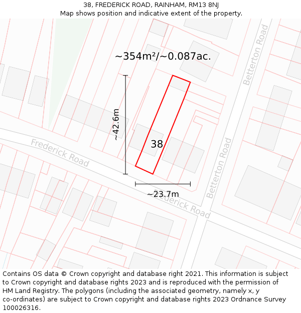 38, FREDERICK ROAD, RAINHAM, RM13 8NJ: Plot and title map