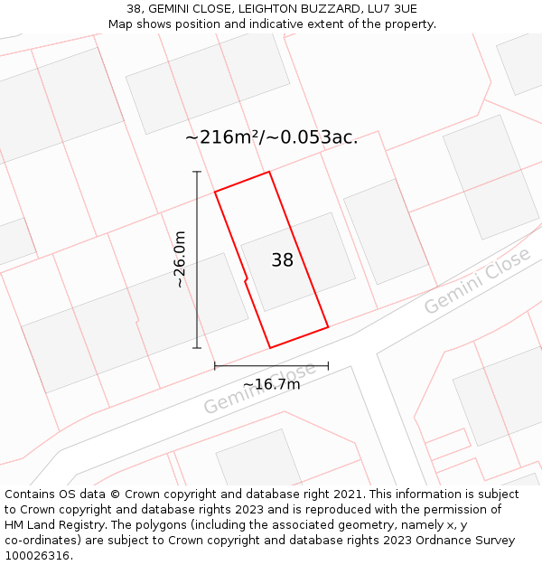 38, GEMINI CLOSE, LEIGHTON BUZZARD, LU7 3UE: Plot and title map