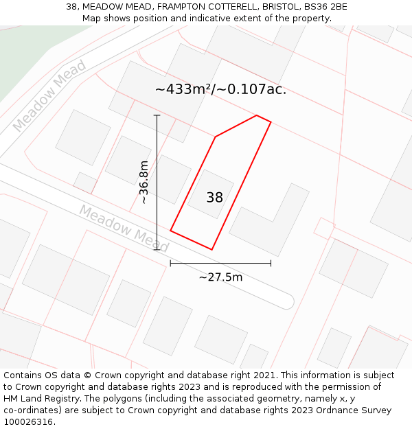 38, MEADOW MEAD, FRAMPTON COTTERELL, BRISTOL, BS36 2BE: Plot and title map