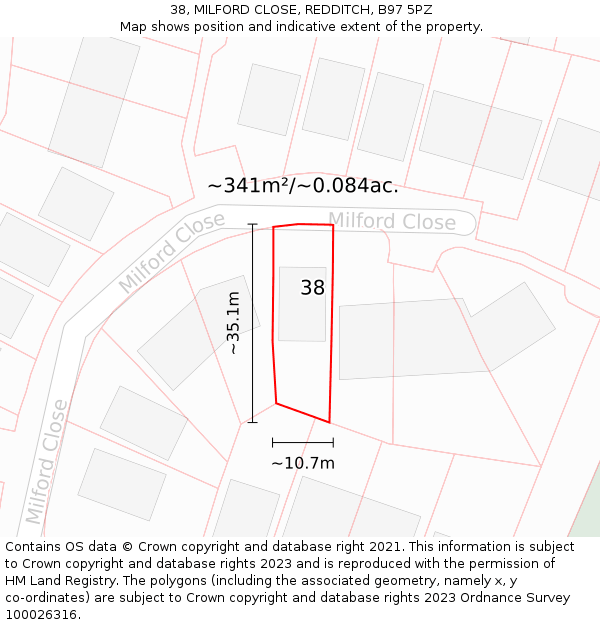 38, MILFORD CLOSE, REDDITCH, B97 5PZ: Plot and title map