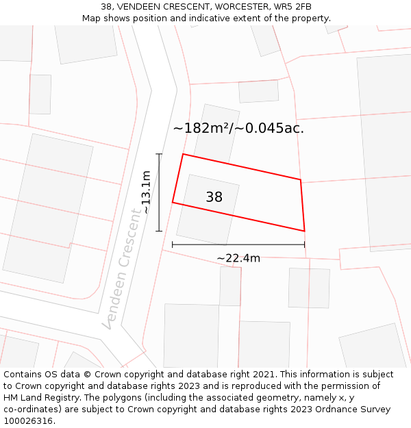 38, VENDEEN CRESCENT, WORCESTER, WR5 2FB: Plot and title map