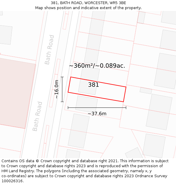 381, BATH ROAD, WORCESTER, WR5 3BE: Plot and title map