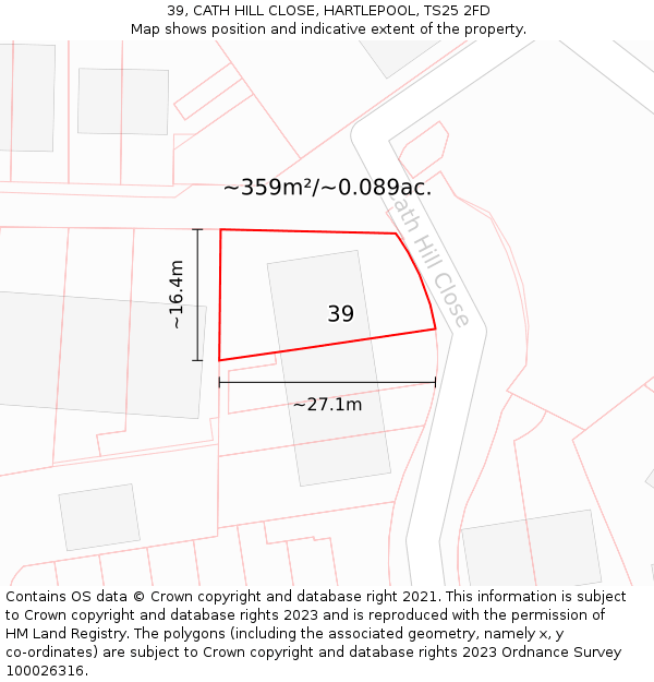 39, CATH HILL CLOSE, HARTLEPOOL, TS25 2FD: Plot and title map