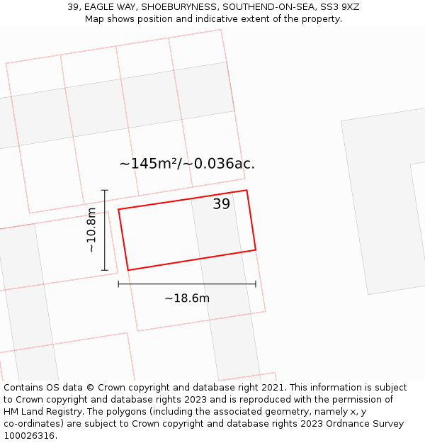 39, EAGLE WAY, SHOEBURYNESS, SOUTHEND-ON-SEA, SS3 9XZ: Plot and title map