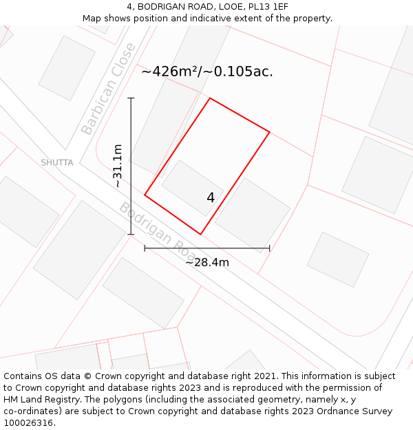 4, BODRIGAN ROAD, LOOE, PL13 1EF: Plot and title map