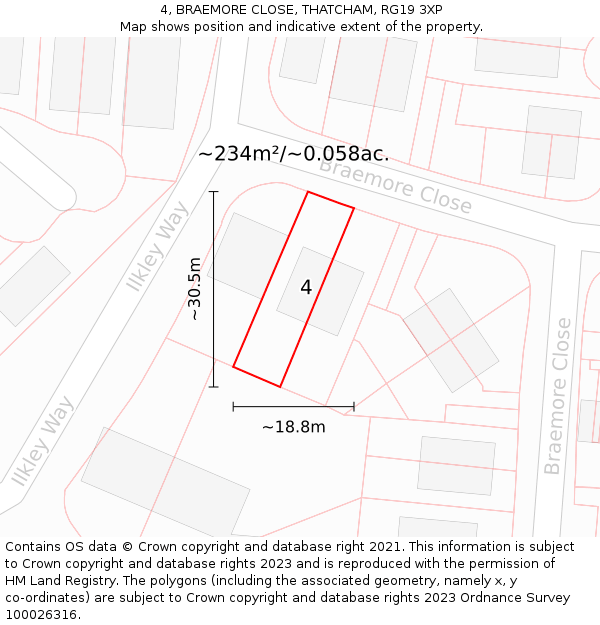 4, BRAEMORE CLOSE, THATCHAM, RG19 3XP: Plot and title map