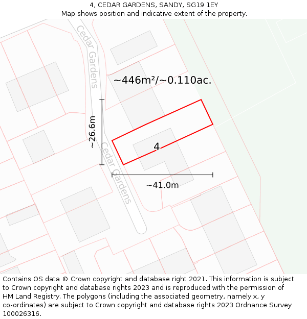 4, CEDAR GARDENS, SANDY, SG19 1EY: Plot and title map