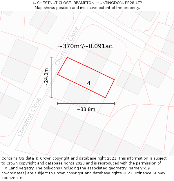 4, CHESTNUT CLOSE, BRAMPTON, HUNTINGDON, PE28 4TP: Plot and title map