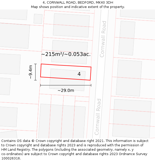 4, CORNWALL ROAD, BEDFORD, MK40 3DH: Plot and title map