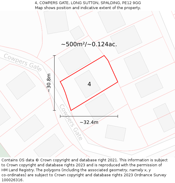 4, COWPERS GATE, LONG SUTTON, SPALDING, PE12 9GG: Plot and title map