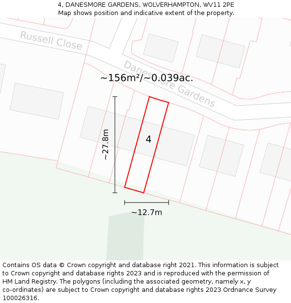 4, DANESMORE GARDENS, WOLVERHAMPTON, WV11 2PE: Plot and title map