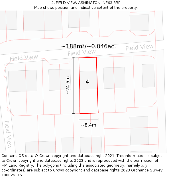 4, FIELD VIEW, ASHINGTON, NE63 8BP: Plot and title map
