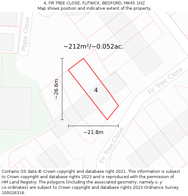 4, FIR TREE CLOSE, FLITWICK, BEDFORD, MK45 1NZ: Plot and title map