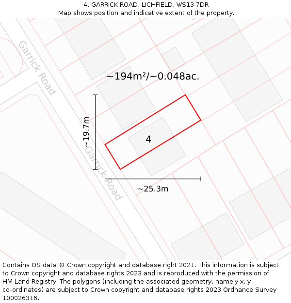 4, GARRICK ROAD, LICHFIELD, WS13 7DR: Plot and title map