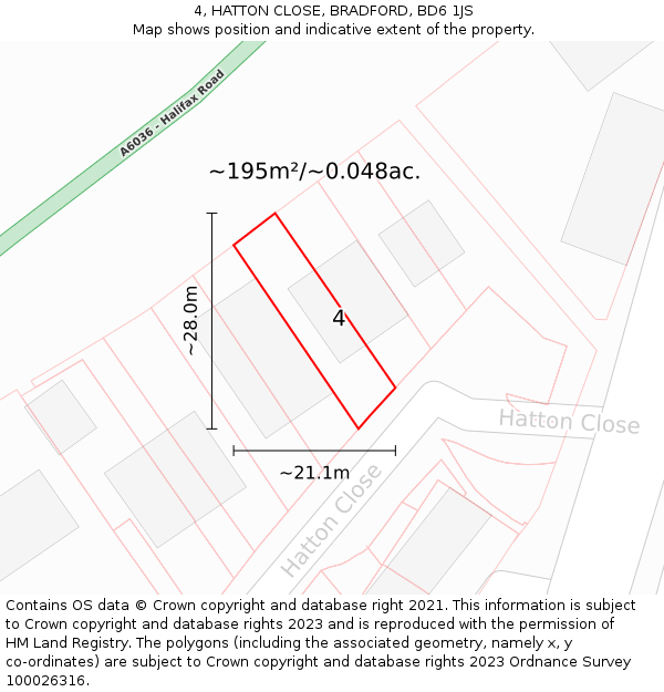 4, HATTON CLOSE, BRADFORD, BD6 1JS: Plot and title map