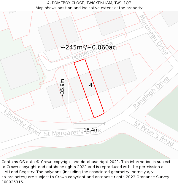 4, POMEROY CLOSE, TWICKENHAM, TW1 1QB: Plot and title map
