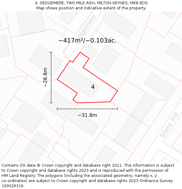 4, SEDGEMERE, TWO MILE ASH, MILTON KEYNES, MK8 8DS: Plot and title map