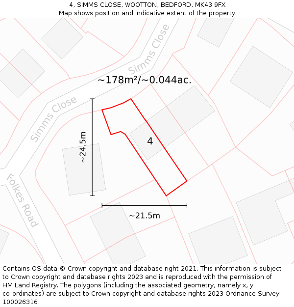 4, SIMMS CLOSE, WOOTTON, BEDFORD, MK43 9FX: Plot and title map