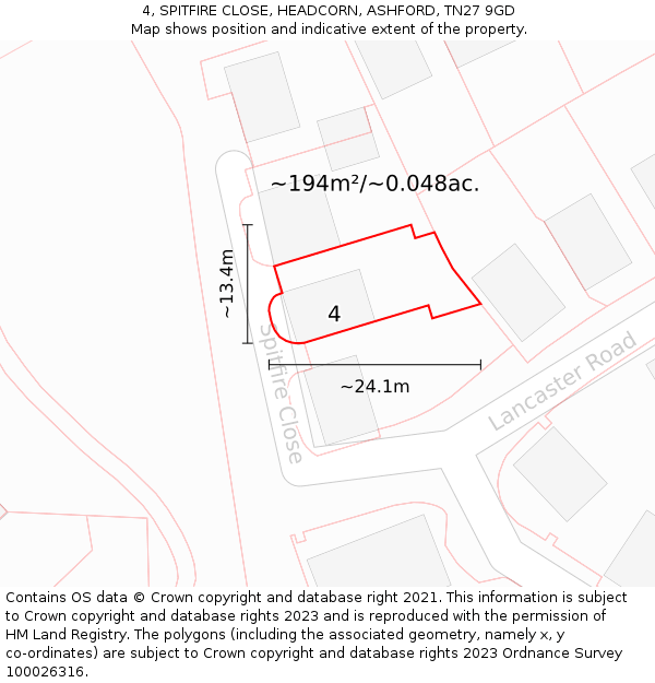 4, SPITFIRE CLOSE, HEADCORN, ASHFORD, TN27 9GD: Plot and title map