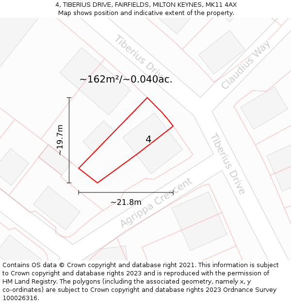 4, TIBERIUS DRIVE, FAIRFIELDS, MILTON KEYNES, MK11 4AX: Plot and title map