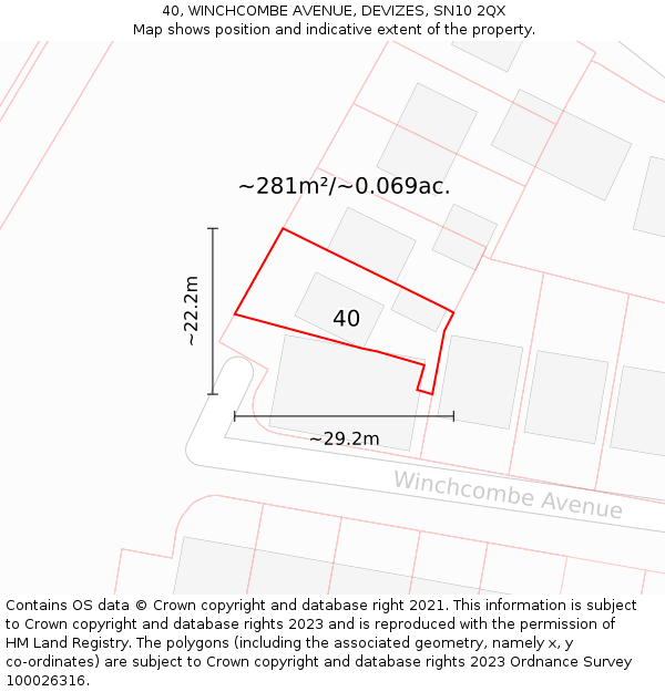40, WINCHCOMBE AVENUE, DEVIZES, SN10 2QX: Plot and title map