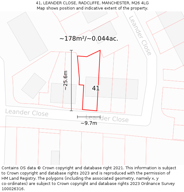 41, LEANDER CLOSE, RADCLIFFE, MANCHESTER, M26 4LG: Plot and title map