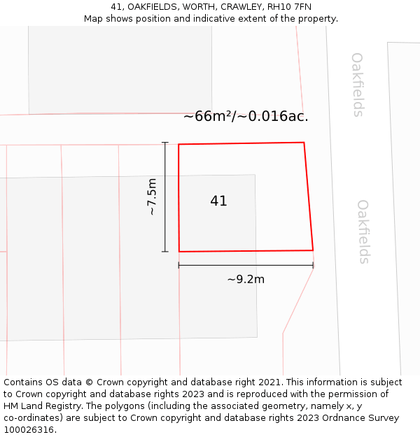 41, OAKFIELDS, WORTH, CRAWLEY, RH10 7FN: Plot and title map