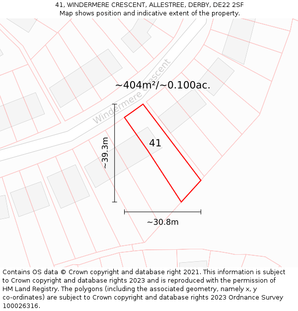 41, WINDERMERE CRESCENT, ALLESTREE, DERBY, DE22 2SF: Plot and title map