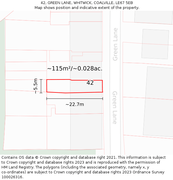 42, GREEN LANE, WHITWICK, COALVILLE, LE67 5EB: Plot and title map