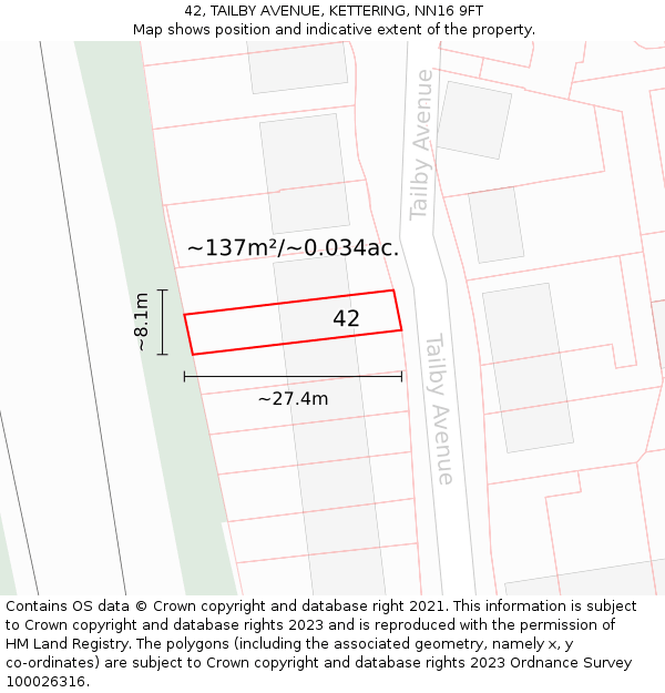 42, TAILBY AVENUE, KETTERING, NN16 9FT: Plot and title map