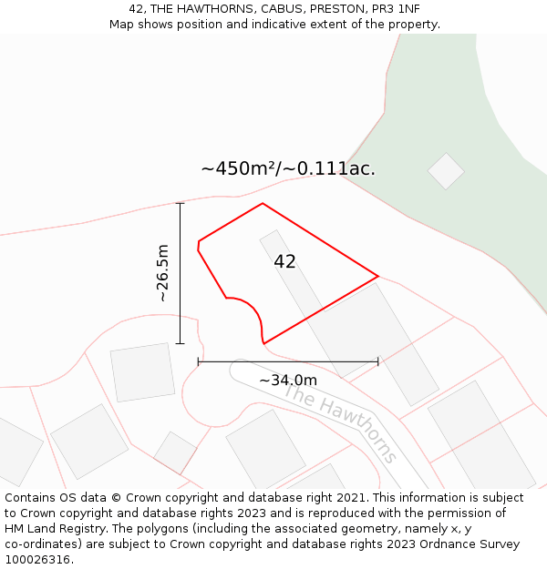 42, THE HAWTHORNS, CABUS, PRESTON, PR3 1NF: Plot and title map