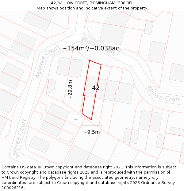 42, WILLOW CROFT, BIRMINGHAM, B38 9FL: Plot and title map