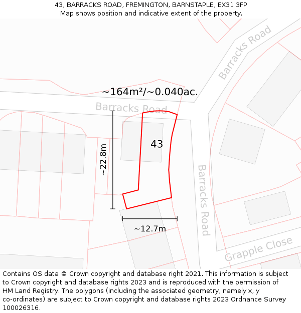 43, BARRACKS ROAD, FREMINGTON, BARNSTAPLE, EX31 3FP: Plot and title map